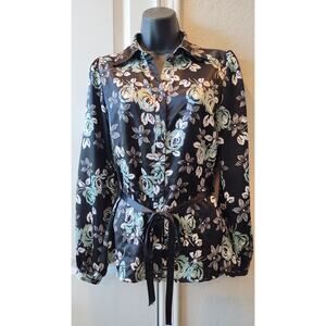Apt 9 Long Sleeve Floral Print Black stretch Shirt Size S